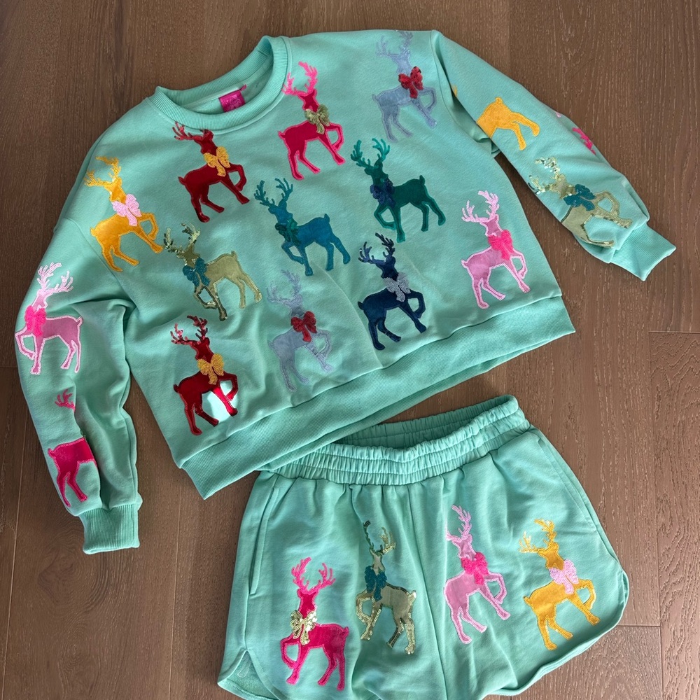 Queen of Sparkles Mint Reindeer Sweatshirt & Shorts Set